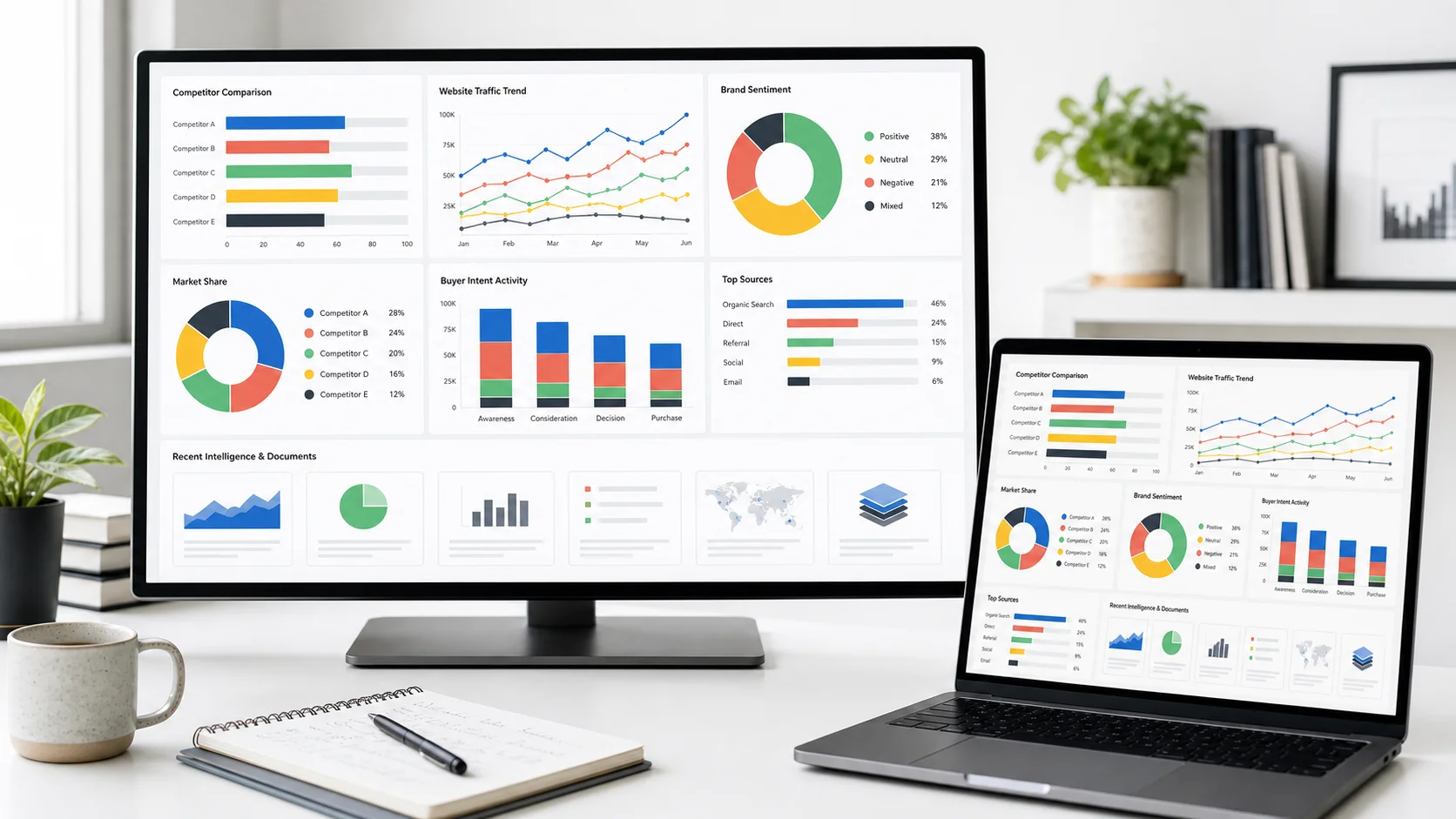 Market intelligence dashboard comparing competitor traffic, market share, brand sentiment, buyer intent, and research sources