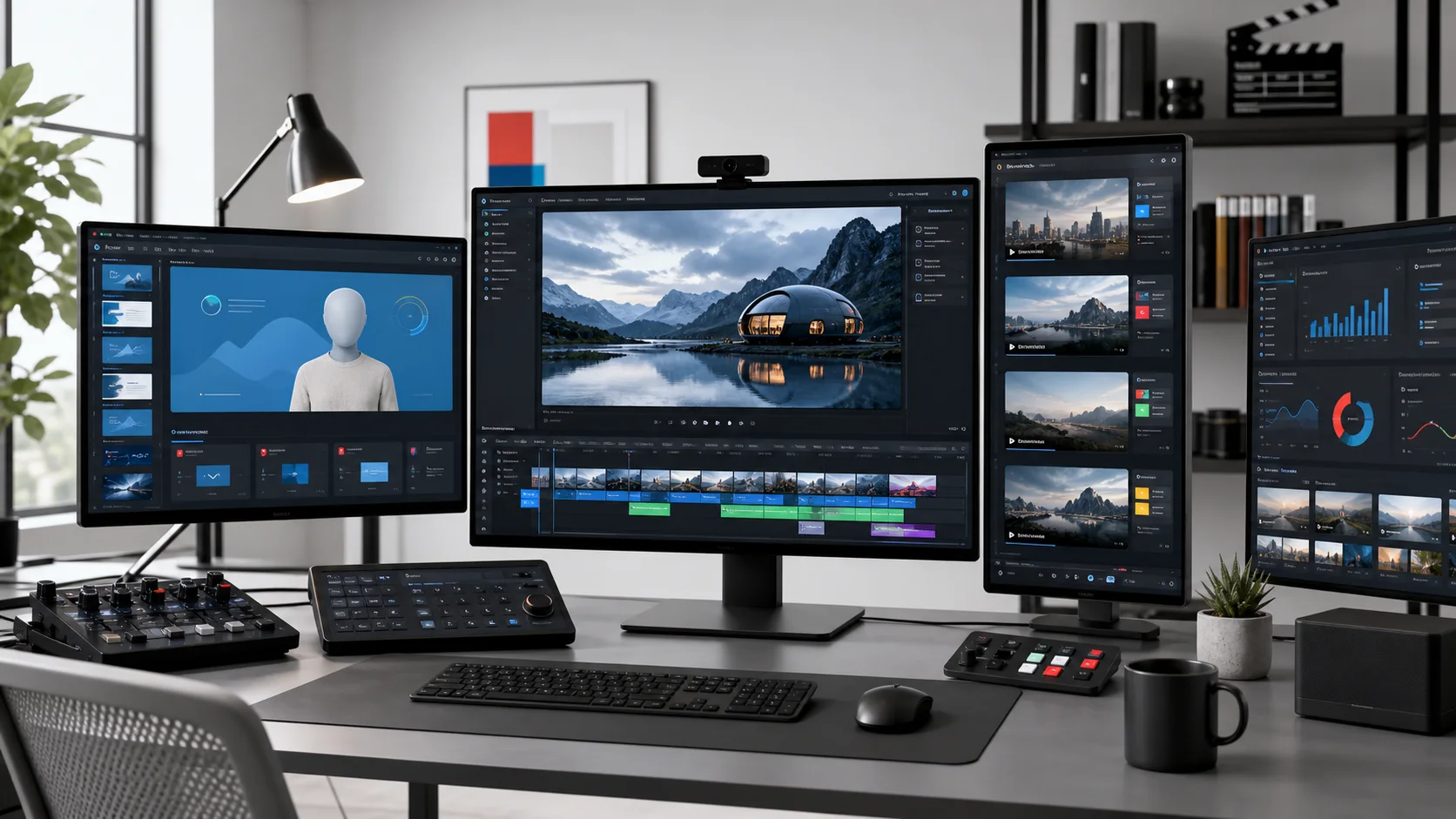AI marketing video production workspace showing avatar, generative scene, editing, and campaign workflows