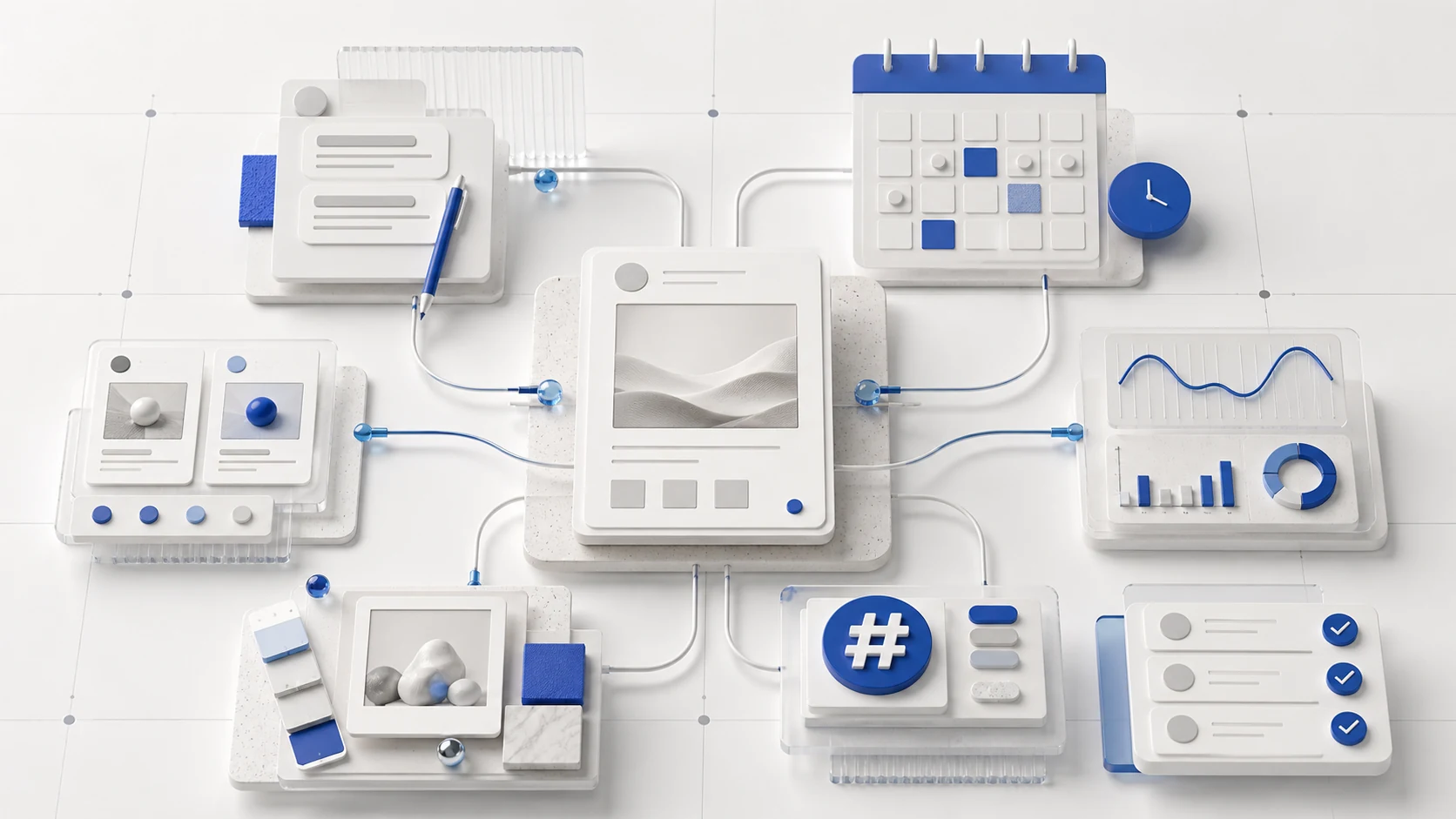 One social campaign brief branching into copy, planning, visual, analytics, and approval modules